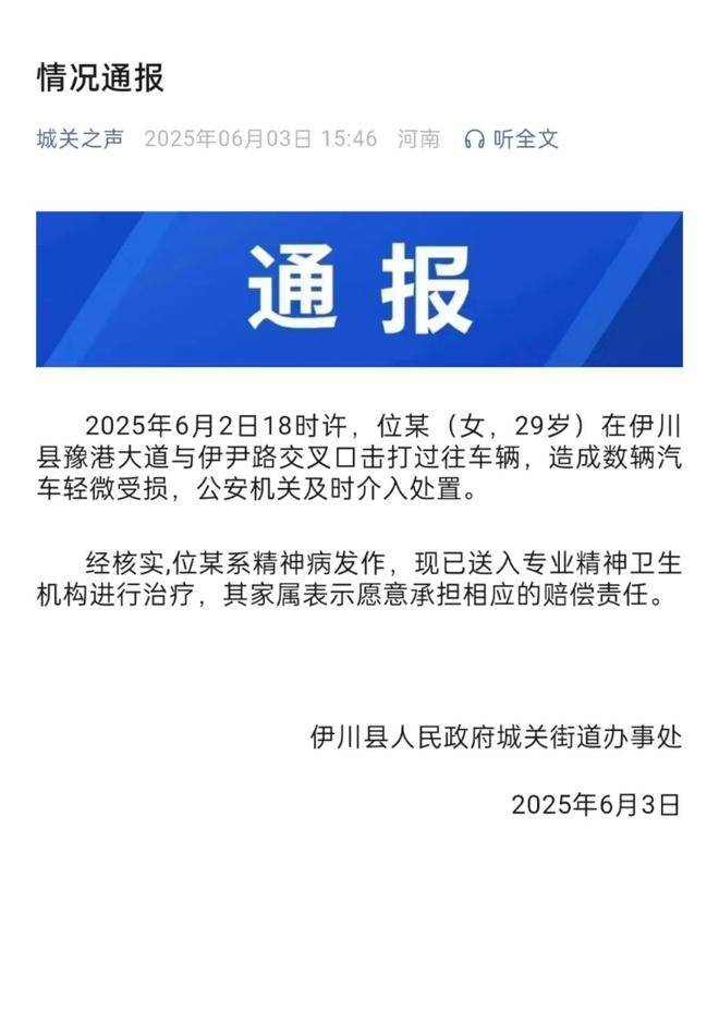 车通报：系精神病发作家属愿意承担赔偿PG麻将胡了女子持械当街打砸多辆轿(图3)